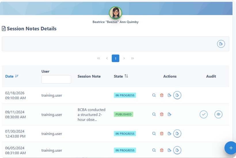 Session notes list showing draft, in-progress, and published states with an audit trail