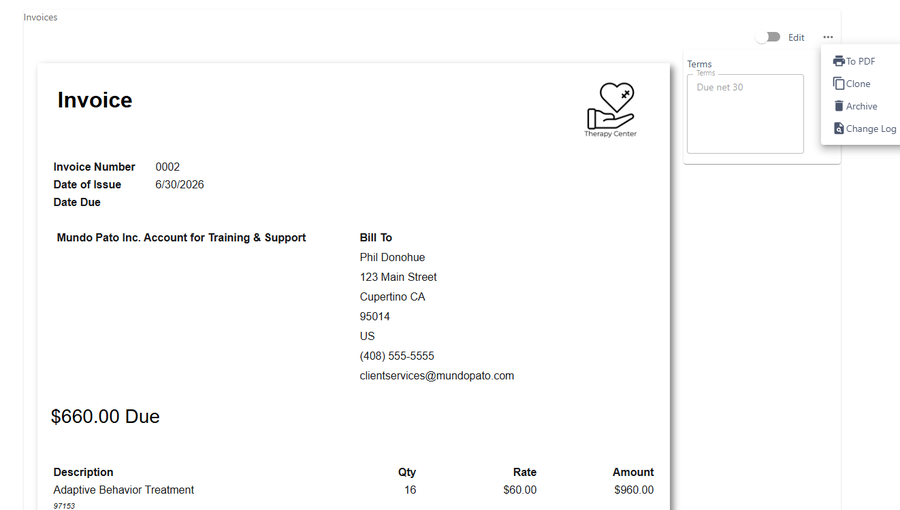 UnitusTI Simple Invoicing: an invoice with bill-to details and service line items